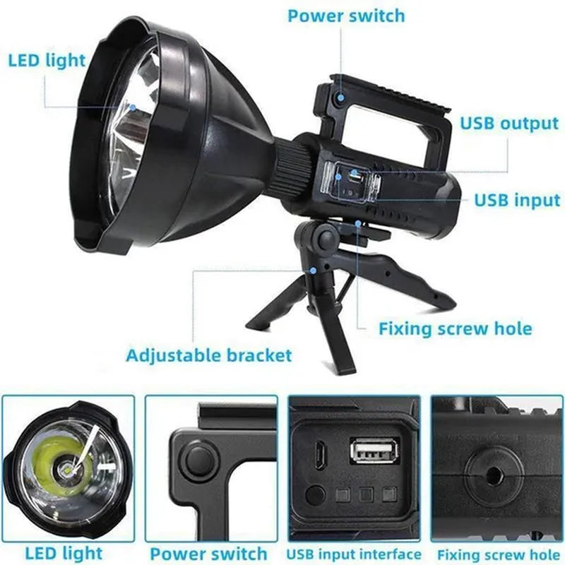 LED Rechargeable Searchlight ,XHP90 Super Bright High Power Portable Spotlights, IPX7 Waterproof ,300000/6000/1000 High Lumens Flashlight with Mountable Bracket Suitable for Expeditions Fishing Camping Repair Rescue Outdoor Lighting