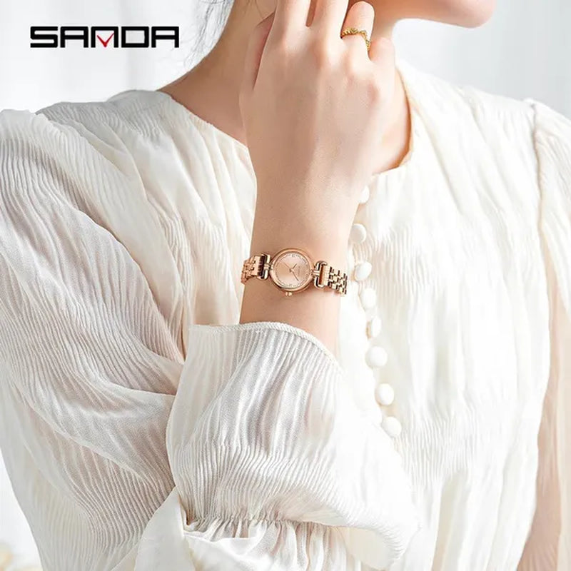 SANDA Brand 1126 Fashion Elegant Watch for Women Week Date Display Unique Sun Patternl Dial Steel Strap Design Ladies Quartz Watch