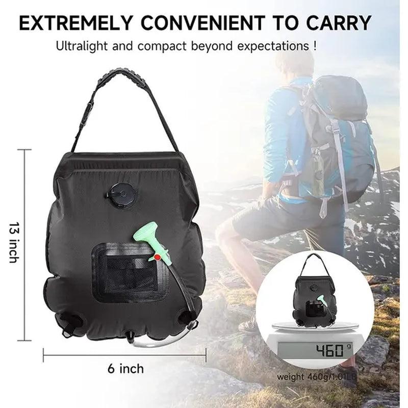 Solar Portable Shower Bag, 5 Gal/20L Solar Heating Camping Shower Bag with Removable Hose&On-Off Switchable Shower Head, Compact Camping Shower for Camping, Hiking, Traveling, Beach Swimming