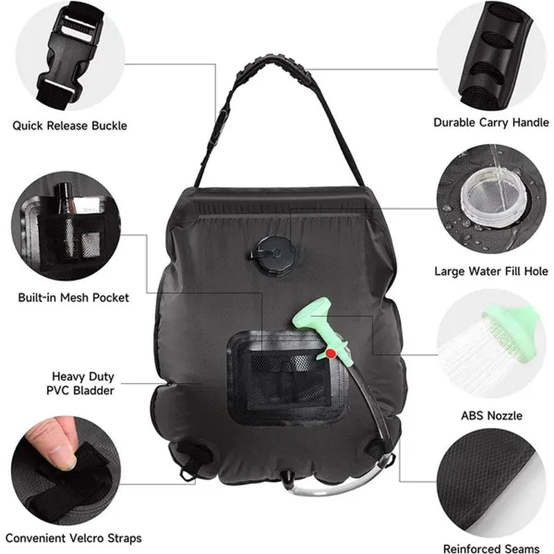 Solar Portable Shower Bag, 5 Gal/20L Solar Heating Camping Shower Bag with Removable Hose&On-Off Switchable Shower Head, Compact Camping Shower for Camping, Hiking, Traveling, Beach Swimming