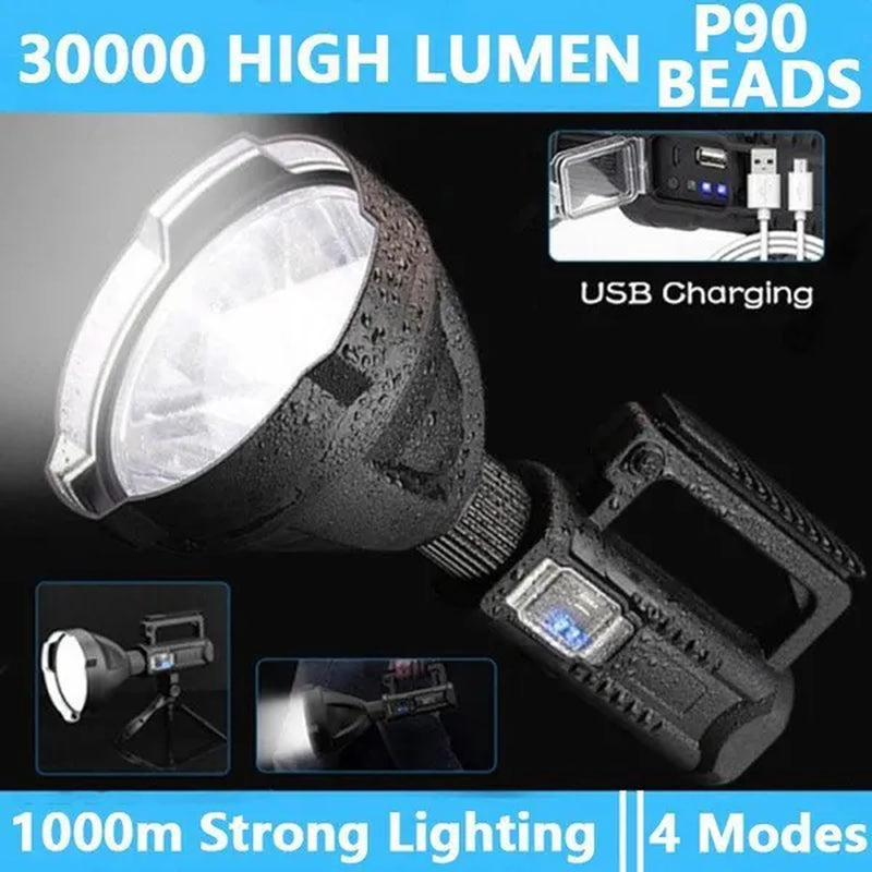 LED Rechargeable Searchlight ,XHP90 Super Bright High Power Portable Spotlights, IPX7 Waterproof ,300000/6000/1000 High Lumens Flashlight with Mountable Bracket Suitable for Expeditions Fishing Camping Repair Rescue Outdoor Lighting
