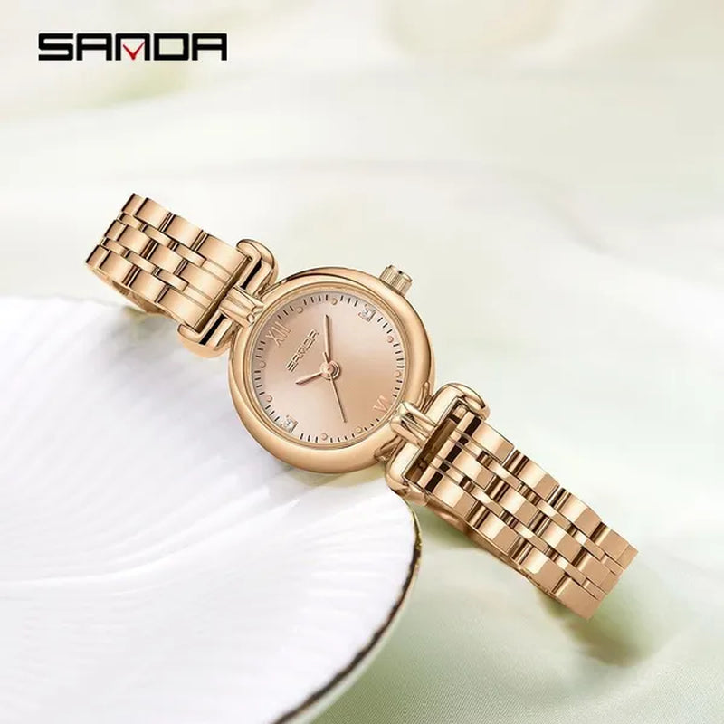 SANDA Brand 1126 Fashion Elegant Watch for Women Week Date Display Unique Sun Patternl Dial Steel Strap Design Ladies Quartz Watch