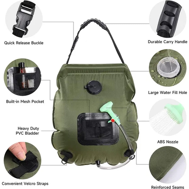 Solar Portable Shower Bag, 5 Gal/20L Solar Heating Camping Shower Bag with Removable Hose&On-Off Switchable Shower Head, Compact Camping Shower for Camping, Hiking, Traveling, Beach Swimming