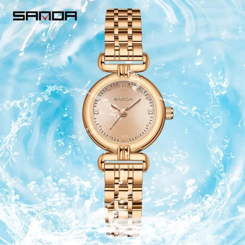SANDA Brand 1126 Fashion Elegant Watch for Women Week Date Display Unique Sun Patternl Dial Steel Strap Design Ladies Quartz Watch