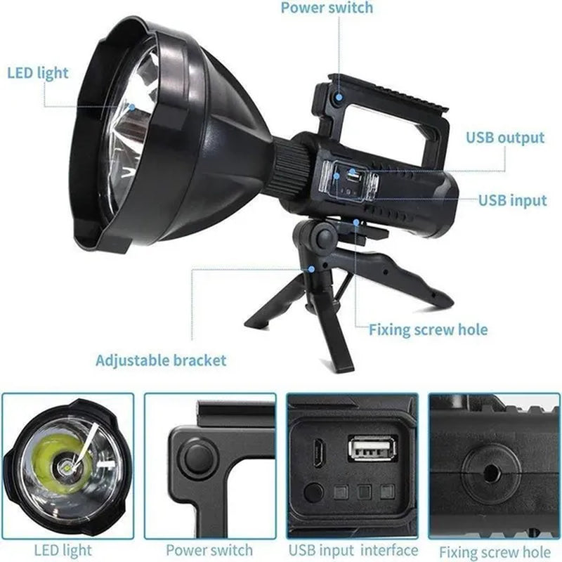 LED Rechargeable Searchlight ,XHP90 Super Bright High Power Portable Spotlights, IPX7 Waterproof ,300000/6000/1000 High Lumens Flashlight with Mountable Bracket Suitable for Expeditions Fishing Camping Repair Rescue Outdoor Lighting