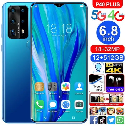 P40Plus Smart Phones, with 12GB+512GB Ultra-Thin Smartphone with Face/Fingerprint Lock Dual SIM Cards Phone MASK
