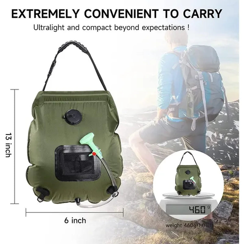 Solar Portable Shower Bag, 5 Gal/20L Solar Heating Camping Shower Bag with Removable Hose&On-Off Switchable Shower Head, Compact Camping Shower for Camping, Hiking, Traveling, Beach Swimming