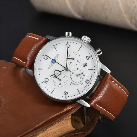 Men'S Luxury Brand Wristwatch Business Leather Strap Watches Classic Quartz Watch Fashion Chronograph Watch