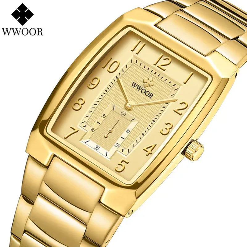 WWOOR 2021 New Fashion Design Top Luxury Brand Men'S Watch Stainless Steel Gold Black Wrist Watch Square Running Seconds Casual Business Waterproof Date Quartz Clock Male Relogio Masculino