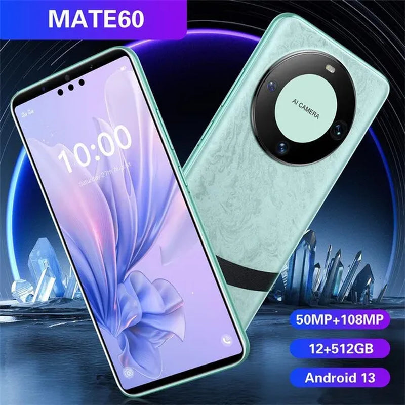 2024 New 5G 6.8 Inch HD Mate60 Android 13.0 HD Screen Water Drop Screen 6800Mah 12+512G Fingerprint Unlocked Version Smartphone