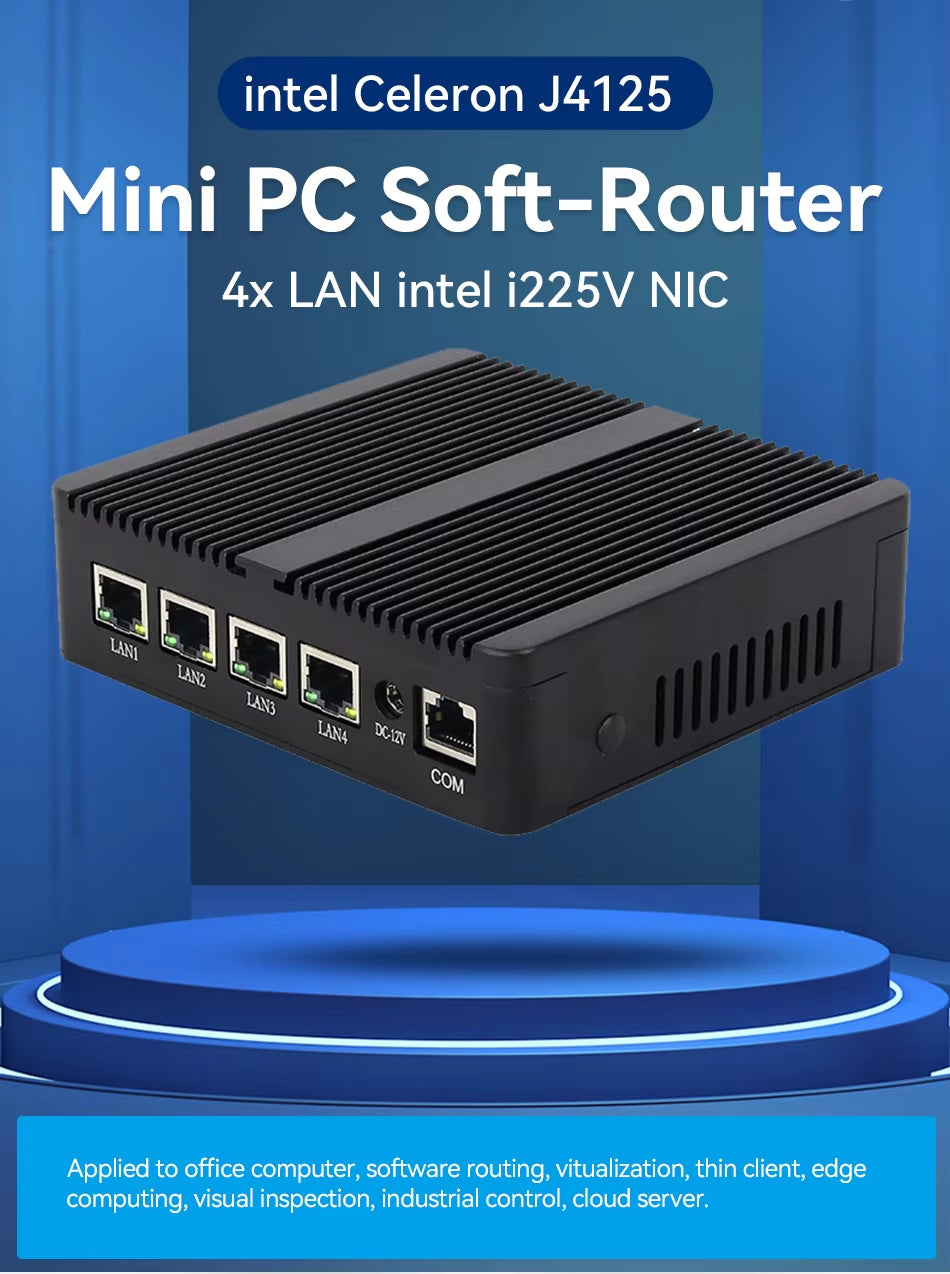 Fanless Mini Pc J4125 Quad Core Processor 6 USB 4 LAN Barebone Computer SIM Slot Support 4G Module