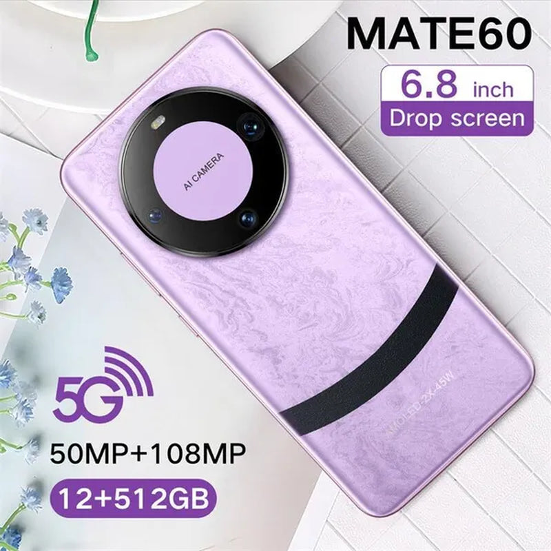 2024 New 5G 6.8 Inch HD Mate60 Android 13.0 HD Screen Water Drop Screen 6800Mah 12+512G Fingerprint Unlocked Version Smartphone