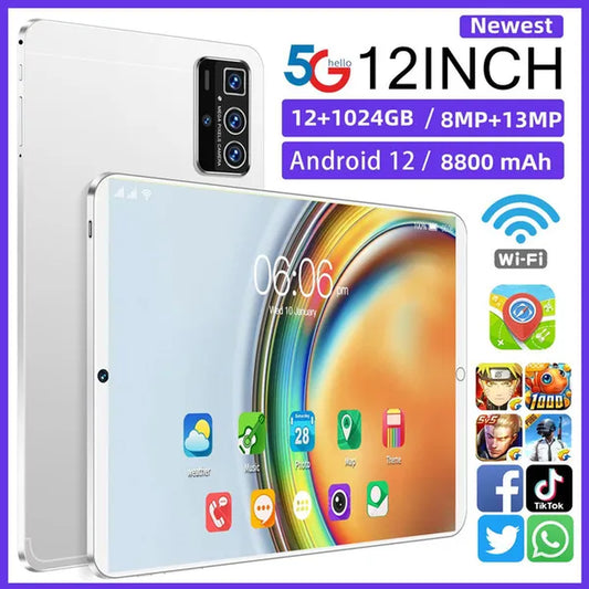 2023 Upgrade Tablet PC 5K HD Screen Wifi 12Inch Tablet PC 10-Core 5G 4G Tablet PC Android 12.0 Arge 2560*1600 IPS Screen Dual SIM Bluetooth Phone Tablet PC (RAM 12GB+ROM 1024GB) Brand New