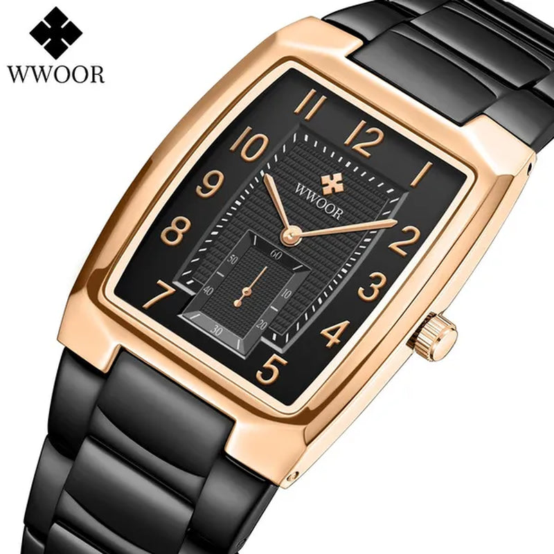 WWOOR 2021 New Fashion Design Top Luxury Brand Men'S Watch Stainless Steel Gold Black Wrist Watch Square Running Seconds Casual Business Waterproof Date Quartz Clock Male Relogio Masculino