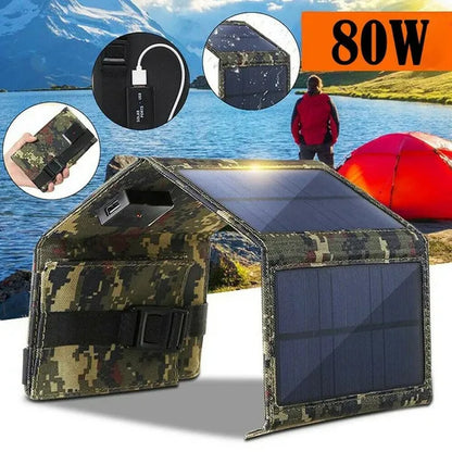 80W USB Solar Panel Folding Power Bank Outdoor Camping Hiking Phone Charger