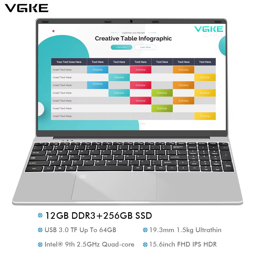 VGKE 15.6 Inch Win 11 Notebook 2.5 Ghz Quad Core Cheaper Laptops 12 GB RAM 256 GB SSD 1920*1080 Laptop Computer