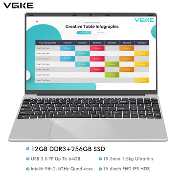 VGKE 15.6 Inch Win 11 Notebook 2.5 Ghz Quad Core Cheaper Laptops 12 GB RAM 256 GB SSD 1920*1080 Laptop Computer