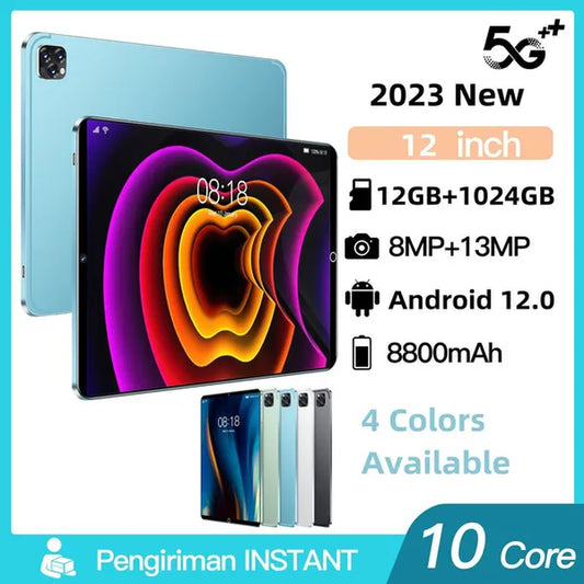 2023 Upgrade Tablet PC 5K HD Screen Wifi 12Inch Tablet PC 10-Core 5G 4G Tablet PC Android 12.0 Arge 2560*1600 IPS Screen Dual SIM Bluetooth Phone Tablet PC (RAM 12GB+ROM 1024GB) Brand New