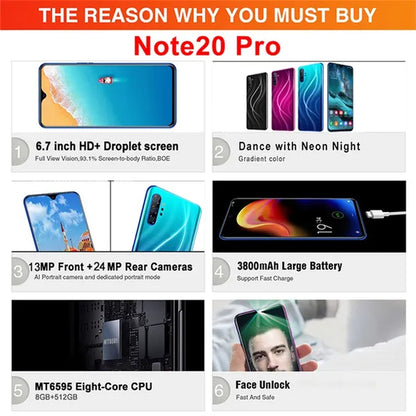 Note20 Pro 6.7 Inch 2.5D Curved Glass Screen Smartphone Face/Fingerprint Support 5G Wifi Android 9.0 1.5Ghz Dual SIM Cards Dual Rear 13MP 24MP HD Camera Bluetooth GPS Network 3G/4G/5G Smart Phones MASK