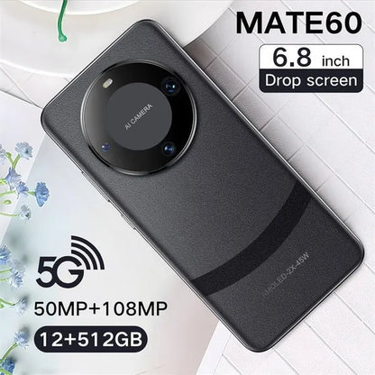 2024 New 5G 6.8 Inch HD Mate60 Android 13.0 HD Screen Water Drop Screen 6800Mah 12+512G Fingerprint Unlocked Version Smartphone