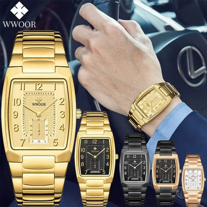 WWOOR 2021 New Fashion Design Top Luxury Brand Men'S Watch Stainless Steel Gold Black Wrist Watch Square Running Seconds Casual Business Waterproof Date Quartz Clock Male Relogio Masculino