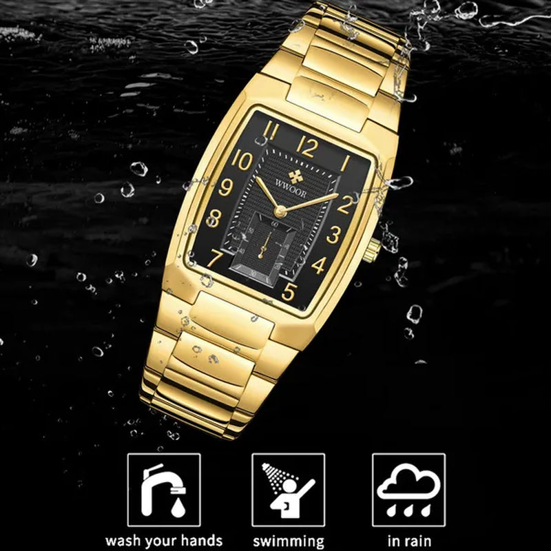 WWOOR 2021 New Fashion Design Top Luxury Brand Men'S Watch Stainless Steel Gold Black Wrist Watch Square Running Seconds Casual Business Waterproof Date Quartz Clock Male Relogio Masculino