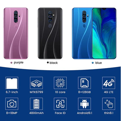 6.7 Inch A82 Smartphone Face/Fingerprint Unlock 8+128GB Android Dual SIM Cards Support T Card Dual Rear 8MP+18MP HD Camera Bluetooth GPS Navigation Hi-Fi Sound Quality Smart Phones 详情