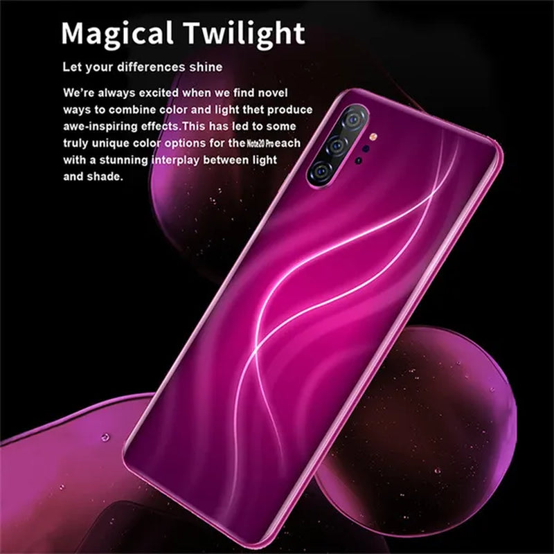 Note20 Pro 6.7 Inch 2.5D Curved Glass Screen Smartphone Face/Fingerprint Support 5G Wifi Android 9.0 1.5Ghz Dual SIM Cards Dual Rear 13MP 24MP HD Camera Bluetooth GPS Network 3G/4G/5G Smart Phones MASK