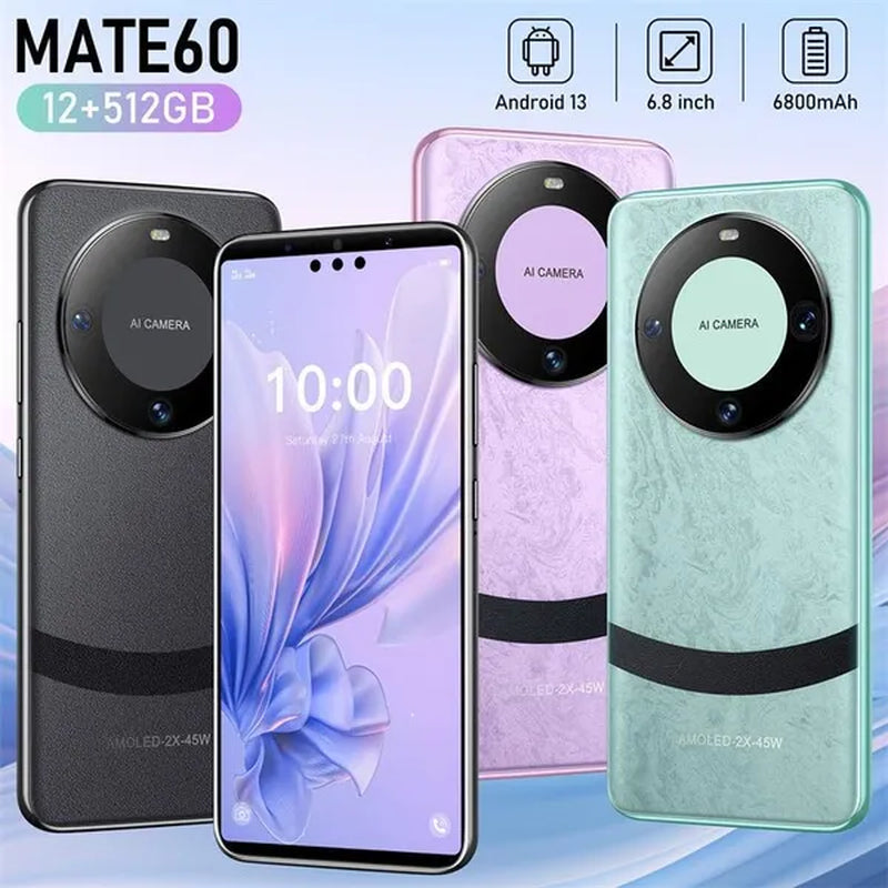 2024 New 5G 6.8 Inch HD Mate60 Android 13.0 HD Screen Water Drop Screen 6800Mah 12+512G Fingerprint Unlocked Version Smartphone