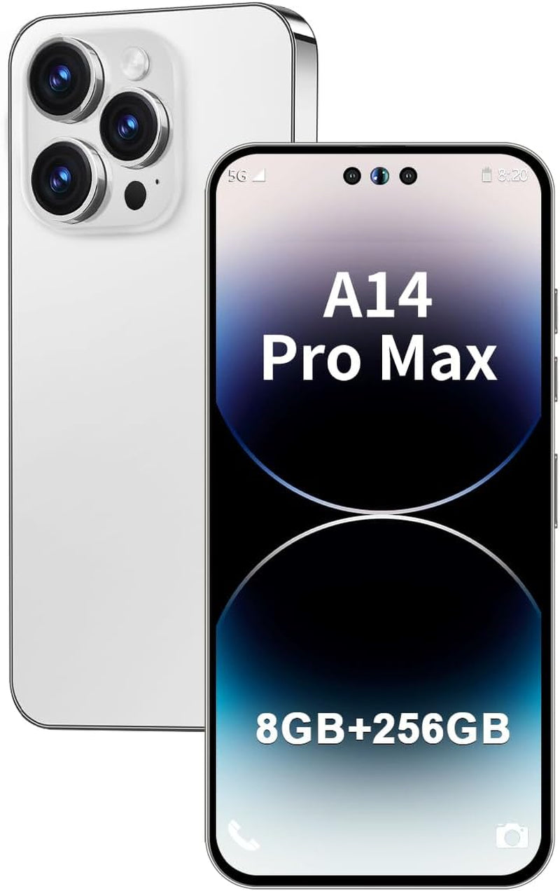 A14 Promax Unlocked Android Phone 8-Core Smartphone 8GB+256GB Cell Phone 24MP+50MP Camera Pixels 6800Mah Battery for Extended Standby 6.7Inch HD Screen Unlocked Phone 5G Dual SIM (White)