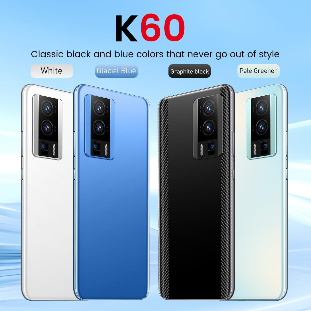 K60 5G Phone Unlocked 2024 Android 13 Cell Phone 24MP+64MP Camera Dual SIM Android Phone with 8GB+256GB 8-Core Smartphone 6800Mah Battery Standby(Graphite Black)