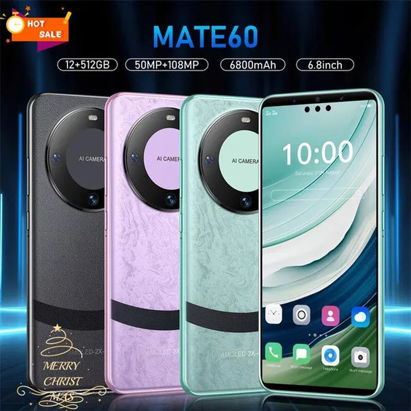 2024 New 5G 6.8 Inch HD Mate60 Android 13.0 HD Screen Water Drop Screen 6800Mah 12+512G Fingerprint Unlocked Version Smartphone