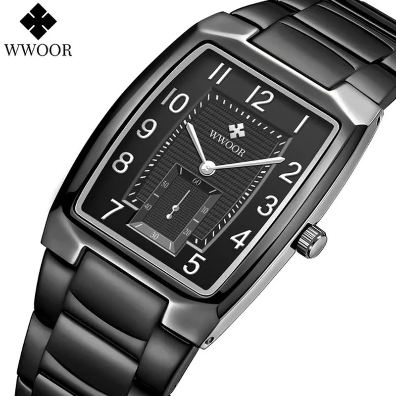 WWOOR 2021 New Fashion Design Top Luxury Brand Men'S Watch Stainless Steel Gold Black Wrist Watch Square Running Seconds Casual Business Waterproof Date Quartz Clock Male Relogio Masculino