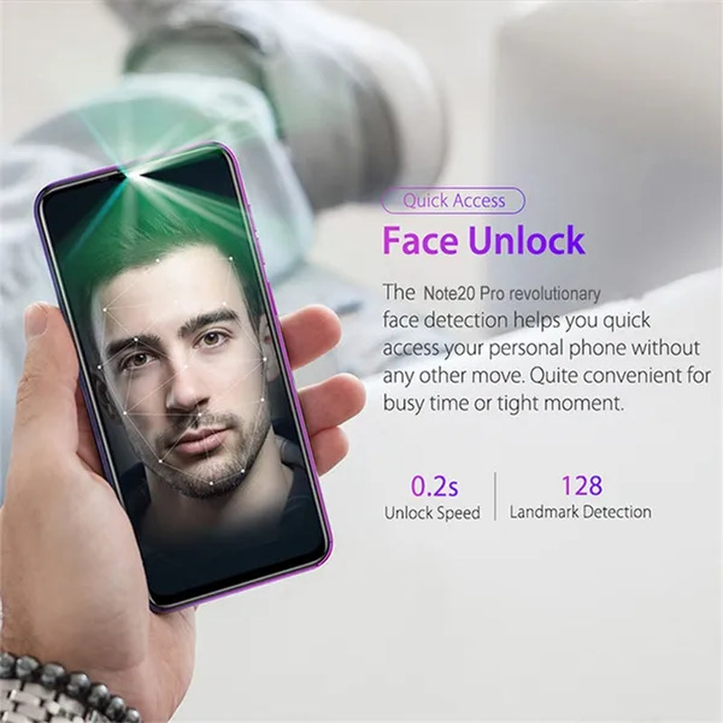 Note20 Pro 6.7 Inch 2.5D Curved Glass Screen Smartphone Face/Fingerprint Support 5G Wifi Android 9.0 1.5Ghz Dual SIM Cards Dual Rear 13MP 24MP HD Camera Bluetooth GPS Network 3G/4G/5G Smart Phones MASK