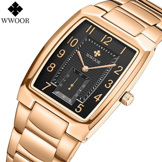 WWOOR 2021 New Fashion Design Top Luxury Brand Men'S Watch Stainless Steel Gold Black Wrist Watch Square Running Seconds Casual Business Waterproof Date Quartz Clock Male Relogio Masculino