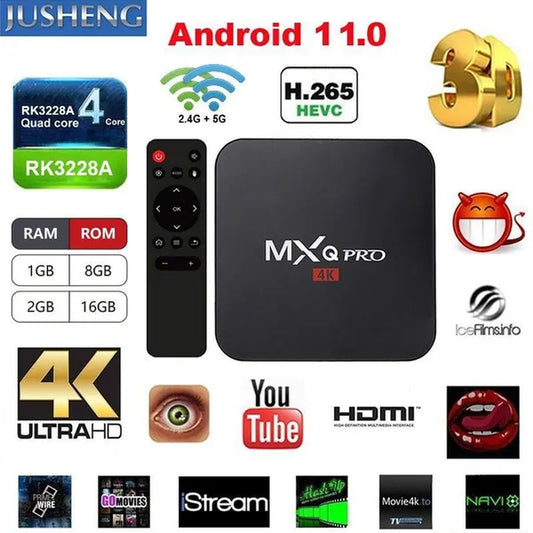 JUSHENG MXQ Pro 4K RK3228A Chipset Android 11.0 Smart TV Box Lollipop OS Quad Core 1G/8G 4K for Google Streaming Media Player TV Box with Wifi, HDMI, DLNA