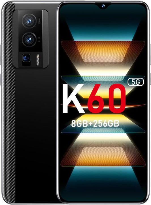 K60 5G Phone Unlocked 2024 Android 13 Cell Phone 24MP+64MP Camera Dual SIM Android Phone with 8GB+256GB 8-Core Smartphone 6800Mah Battery Standby(Graphite Black)