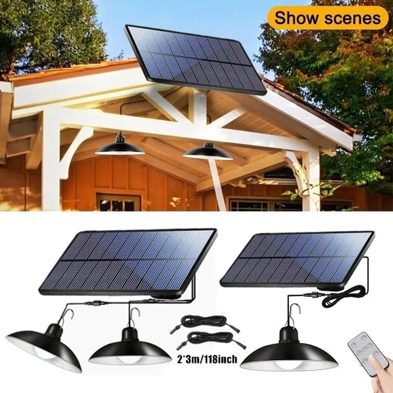 New Double-Headed Solar Chandelier Solar Pendant Light Waterproof with Remote Control and 3M Line for Outdoor Indoor Shed Barn Room(White Light)