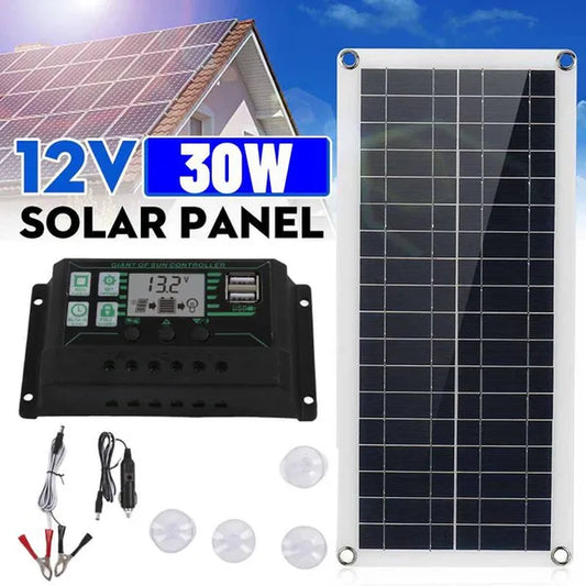 30W Solar Panel Complete Kit 12V Solar Cell Power Portable Outdoor Polysilicon Camp Hiking Travel