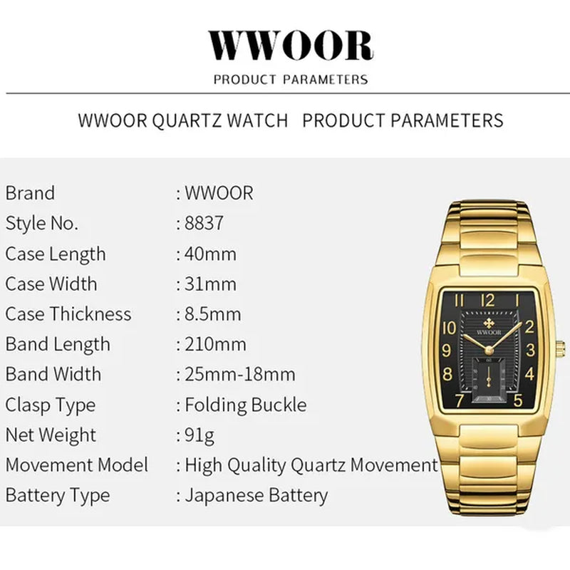 WWOOR 2021 New Fashion Design Top Luxury Brand Men'S Watch Stainless Steel Gold Black Wrist Watch Square Running Seconds Casual Business Waterproof Date Quartz Clock Male Relogio Masculino