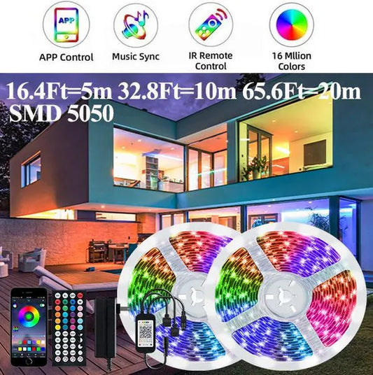 Smart LED Strip Lights 65.6Ft Ultra-Long Smart Led Lights Strip SMD 5050 RGB Color Changing Rope Lights Bluetooth Controller Led Strip Sync to Music Apply for Tv,Bedroom,Party and Home Decoration