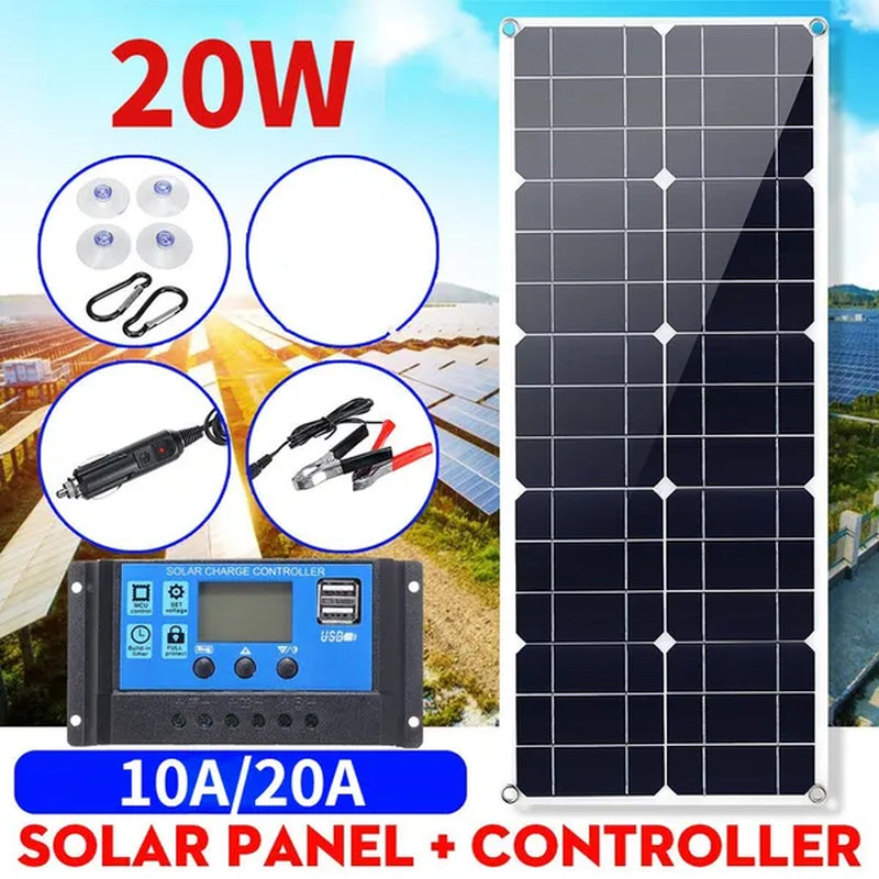 Solar Power System Solar Panel Kit Battery Charger 10/20A Solar Charge Controller Home Grid Camping Phone PWM