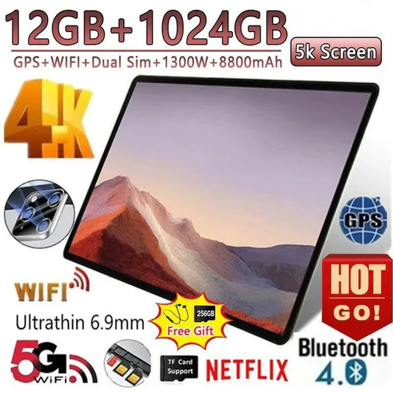 2022 PC Tablets Support NETFLIX!!! Newest Upgrade RAM 12G+ROM 1024GB+ 12 Core Wifi Tablet PC Android 12.0 Arge 2560*1600 IPS Screen Dual SIM Dual Camera Rear 13.0 MP IPS Tablet Call Phone Tablet-Pc 8 Inch Tablet