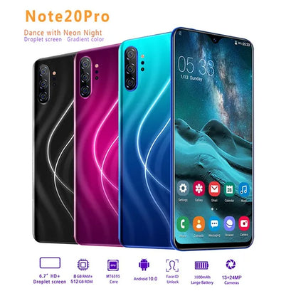 Note20 Pro 6.7 Inch 2.5D Curved Glass Screen Smartphone Face/Fingerprint Support 5G Wifi Android 9.0 1.5Ghz Dual SIM Cards Dual Rear 13MP 24MP HD Camera Bluetooth GPS Network 3G/4G/5G Smart Phones MASK