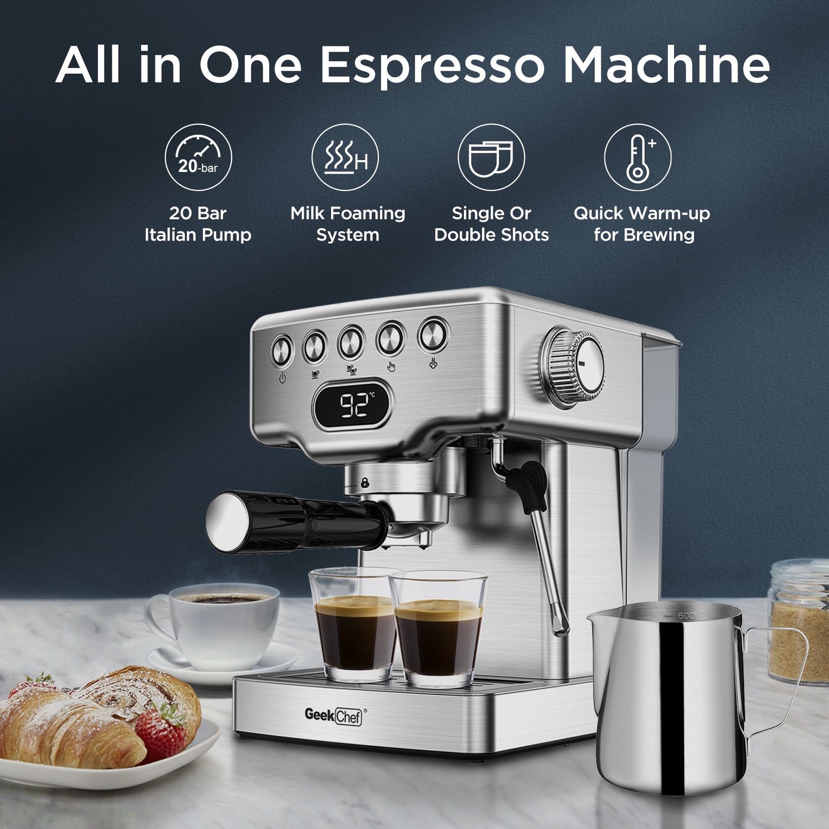 Geek Chef Espresso Machine, 20 Bar Espresso Machine with Milk Frother for Latte, Cappuccino, Macchiato, for Home Espresso Maker, 1.8L Water Tank, Stainless Steel, Ban on Amazon