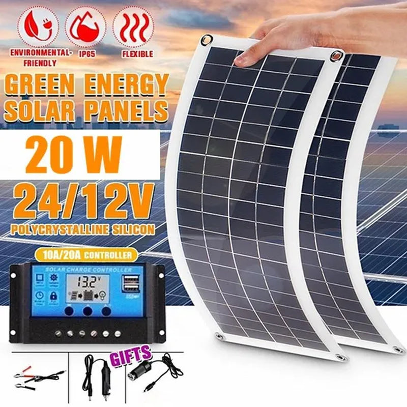 Polysilicon 20W 12V/24V Dual Output USB Solar Panel Flexible Monocrystalline Battery Charge with Dual High Efficiency USB Solar Controller(Option) for Home/Outdoor Solar Power Kit