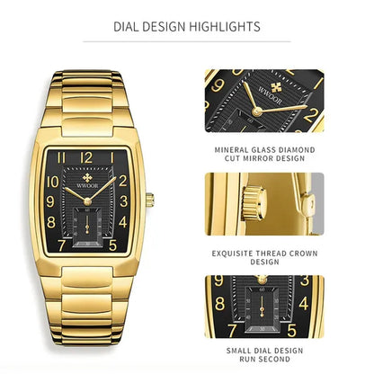 WWOOR 2021 New Fashion Design Top Luxury Brand Men'S Watch Stainless Steel Gold Black Wrist Watch Square Running Seconds Casual Business Waterproof Date Quartz Clock Male Relogio Masculino