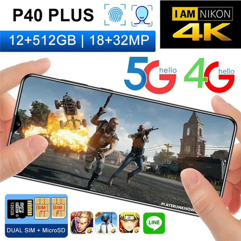 P40Plus Smart Phones， with 12GB+512GB Ultra-Thin Smartphone with Face/Fingerprint Lock Dual SIM Cards Phone MASK