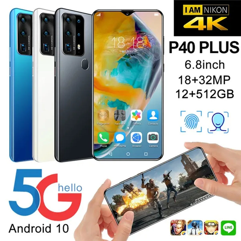 P40Plus Smart Phones， with 12GB+512GB Ultra-Thin Smartphone with Face/Fingerprint Lock Dual SIM Cards Phone MASK