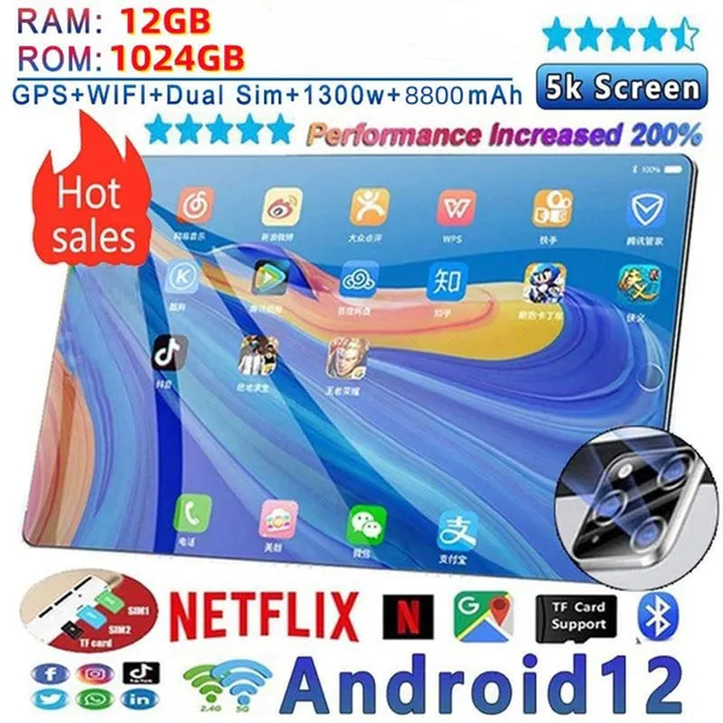 2023 Newest Upgrade Best Tablet Ten Cores 5G/2.4G Dual Wifi PC Tablet Android 12.0 Arge 2560*1600 IPS Screen Dual SIM Dual Camera Rear 13.0 MP IPS Tablet Phone Phone Tablet (RAM 12GB+ROM 1024GB) Tablet PC Tablet PC